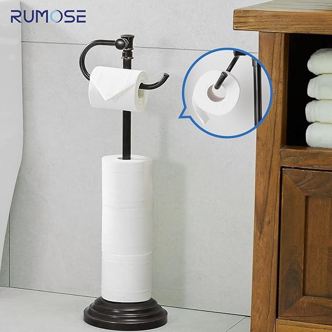 RUMOSE Toilet Paper Holder Stand for Floor, Oil Rubbed Bronze Adjustable (12.4" to 22.8") Bathroom Toilet Tissue Holder, Free Standing Toilet Paper Roll Holder with Storage, Stainless Steel - ModernBath
