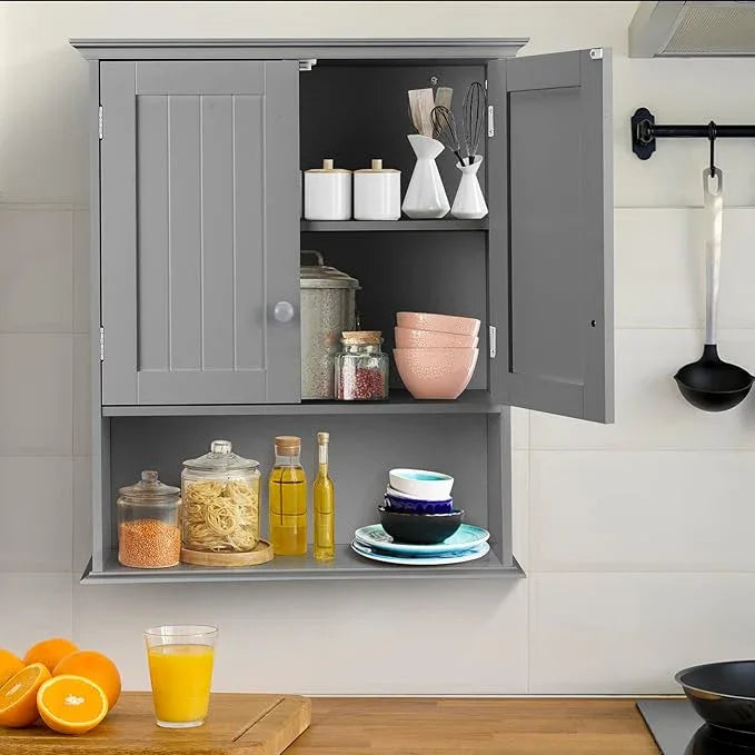 COSTWAY Wall Mounted Bathroom Cabinet, Over The Toilet Storage Cabinet w/Double Doors & Adjustable Shelf, Wood Hanging Medicine Cabinet for Living Room, Entryway, Kitchen (Gray) - ModernBath