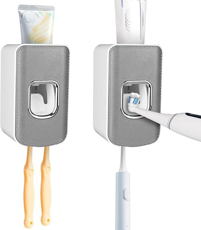 2 Slot Toothbrush Holder and Toothpaste Dispenser Wall Mounted, Automatic Toothpaste Squeezer, 2 in 1 Tooth Brush Toothpaste Organizer for Shower (Grey 2Pack) - ModernBath