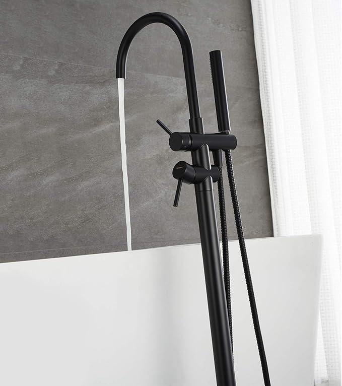 Freestanding Tub Filler Bathtub Faucet Black Floor Mount Brass Bathroom Faucets with Hand Shower - ModernBath