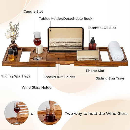 Teak Bathtub Tray - Luxury Bath Tray with Expandable Handles, Wine Glass and Phone Holders, Book Stand - Perfect for Home Spa Relaxation and Reading - Natural Bath Accessories - Light Walnut Color - ModernBath