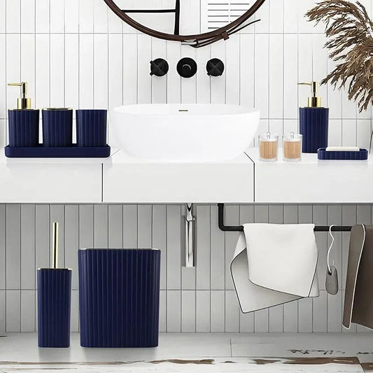 XLHOMO Bathroom Accessories Set - Gorgeous Bathroom Set, 10PC Navy Blue Bathroom Accessory Set, Toilet Brush, Trash Can, Qtip Holder Dispenser & Soap Dispenser - ModernBath