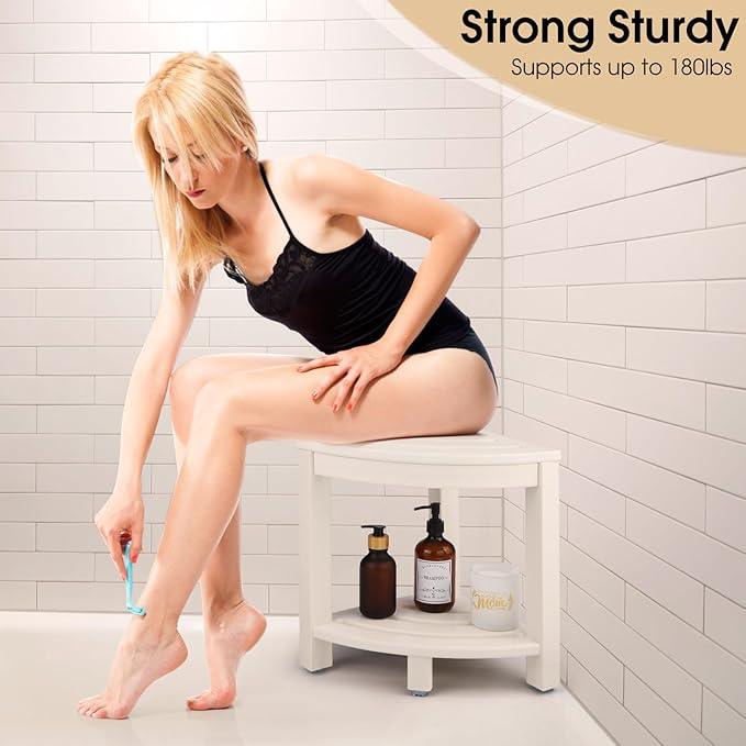 Apolimi HDPE Corner Shower Stool,Shower Bench Seat with Storage Shelf for Shaving Legs Plastic Spa Bath Step Foot Rest for Bathroom Small Place (White) - ModernBath