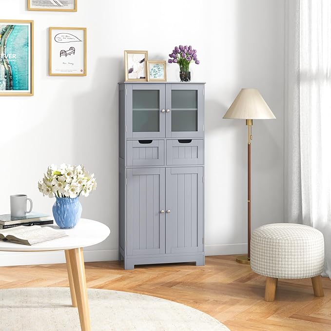 Tangkula Tall Bathroom Storage Cabinet, Freestanding Floor Cabinet w/ 2 Double Door & 2 Drawers, 3-Position Adjustable Shelves, Bathroom Storage for Living Room Kitchen