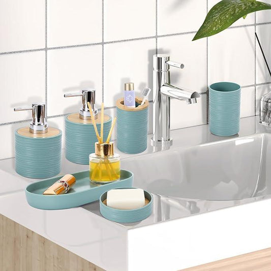XLHOMO Blue Bathroom Set, Light Blue Bathroom Accessories Set with Trash Can, 2PCS Soap Dispensers, Soap Dish, Toothbrush Holder, Toothbrush Cup,Toilet Brush, Tray and Qtip Holders for Bathroom Decor - ModernBath
