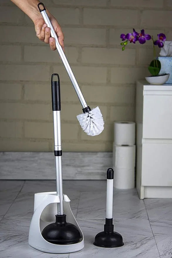 NEIKO 60168A Toilet Plunger Set, 4 Piece, Bonus Mini Sink & Drain Plunger, Toilet Bowl Brush & Caddy, Patented All-Angle Design, Telescopic Aluminum Handle, Bathroom Toilet Brush and Plunger Set - ModernBath