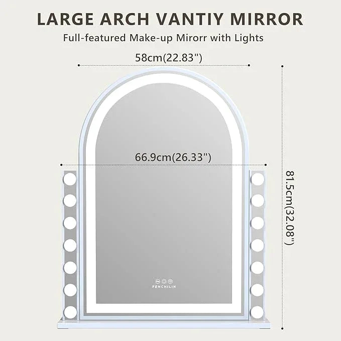 FENCHILIN Arched Vanity Mirror with Lights, 32“ x 26" LED Makeup Hollywood Vanity Mirror with 14 Dimmable Bulbs& LED Strip Smart Touch Control Detachable 10X Magnification White - ModernBath