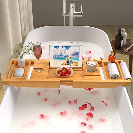 Artmalle Bathtub Caddy Tray for Tub,Foldable Bamboo Bath Table Tray with Book and Wine Glass Holder, Free Soap Dish Suitable for Luxury Spa or Reading,Natural - ModernBath