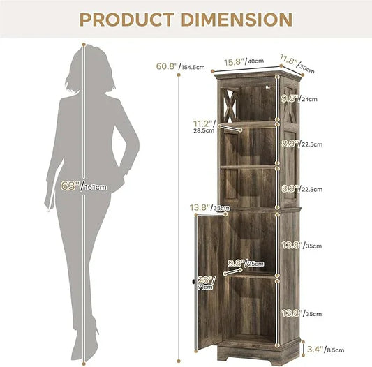 Narrow Bathroom Storage Cabinet with Door and Open Adjustable Shelves, 60.9" H Wooden Tall Tower Corner Farmhouse Cabinet, Freestanding Organizer for Kitchen, Entryway Grey - ModernBath