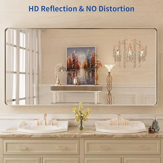 WEER 60X30 Inch Brushed Nickel Bathroom Mirror, Brushed Silver Metal Frame Mirror, Rounded Rectangle Silver Bathroom Vanity Mirror, Tempered Glass, Anti-Rust, Hangs Horizontally or Vertically - ModernBath