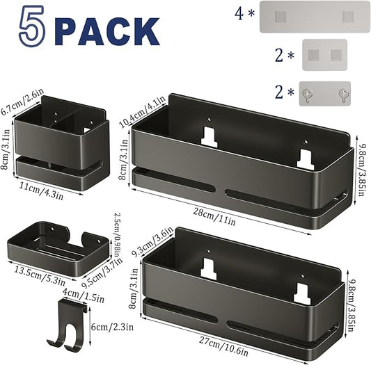 Bathroom Storage Rack (5-Piece Set), Wall-Mounted Shelf with soap Dish and Toothbrush Holder, no Drilling Required, Ideal for Bathroom Storage and Also Suitable for Kitchen (Grey)