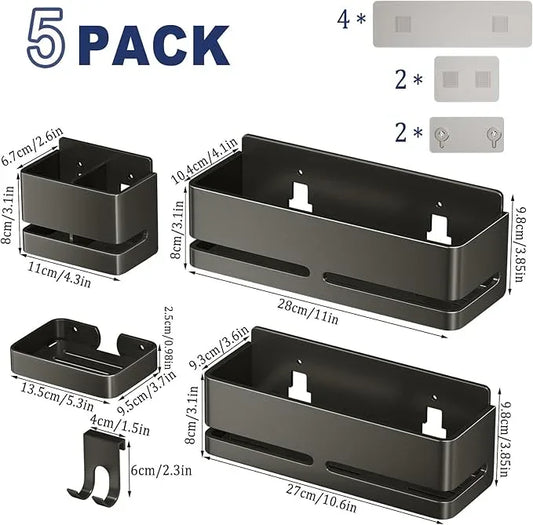 Bathroom Storage Rack (5-Piece Set), Wall-Mounted Shelf with soap Dish and Toothbrush Holder, no Drilling Required, Ideal for Bathroom Storage and Also Suitable for Kitchen (Grey) - ModernBath
