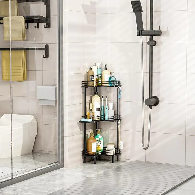 HapiRm Corner Shower Caddy Standing - 3 Tier Shower Organizer Corner with Soap Holder, Rustproof Bathroom Standing Organizer with 4 Hooks, Black - ModernBath