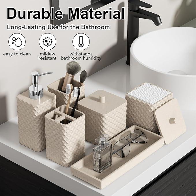 Bathroom Accessories Set Resin 6PCS, Square Toothbrush Holders Set Complete with Soap Dispenser, Vanity Tray, Tumbler, Cups and Cotton Swab Jars (Beige Diamond, Resin Bath 6 PCS) - ModernBath