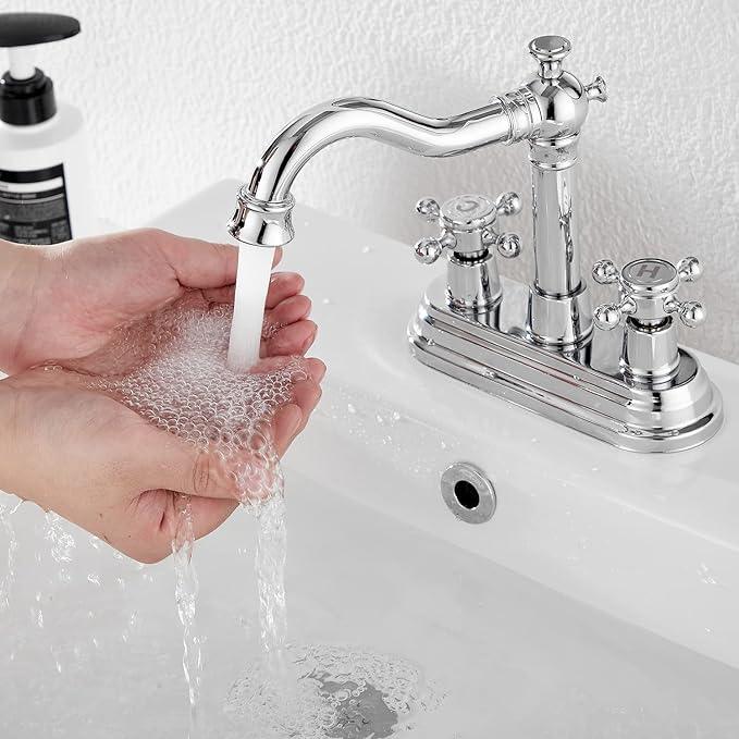 Chrome Bathroom Faucet GGStudy 2 Handles 4 Inches Centerset Bathroom Vanity with Drain Assembly and Supply Hose Lavatory Faucet Mixer Double Handle Tap - ModernBath