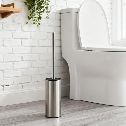 Toilet Brush and Holder Set, NEWRAIN Stainless Steel Toilet Brush with Long Brush Handle, Brushed Nickel Toilet Scrubber and Covered Holder, Round Design Sturdy and Space Saving, Covered Brush - ModernBath