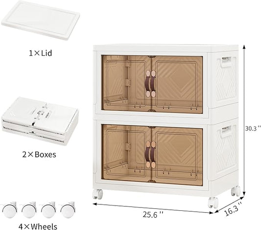 Storage Bins with Lids and Wheels, 220QT-110QT*2Tier Collapsible Bathroom Storage Cabinet with Clear Doors, Plastic Stackable Closet Organizers and Containers White