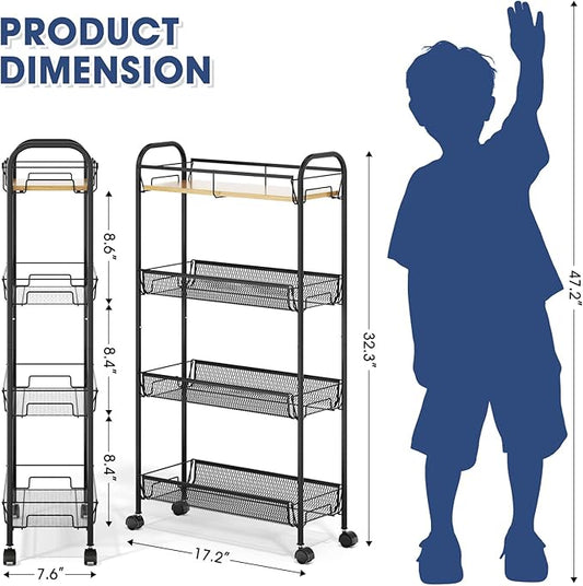 TOOLF 4-Tier Slim Rolling Cart, Metal Utility Cart, Slide Out Storage Cart with Wooden Tabletop and Mesh Baskets for Narrow Space on Kitchen Bathroom Laundry Room Bedroom Apartments Dormitory