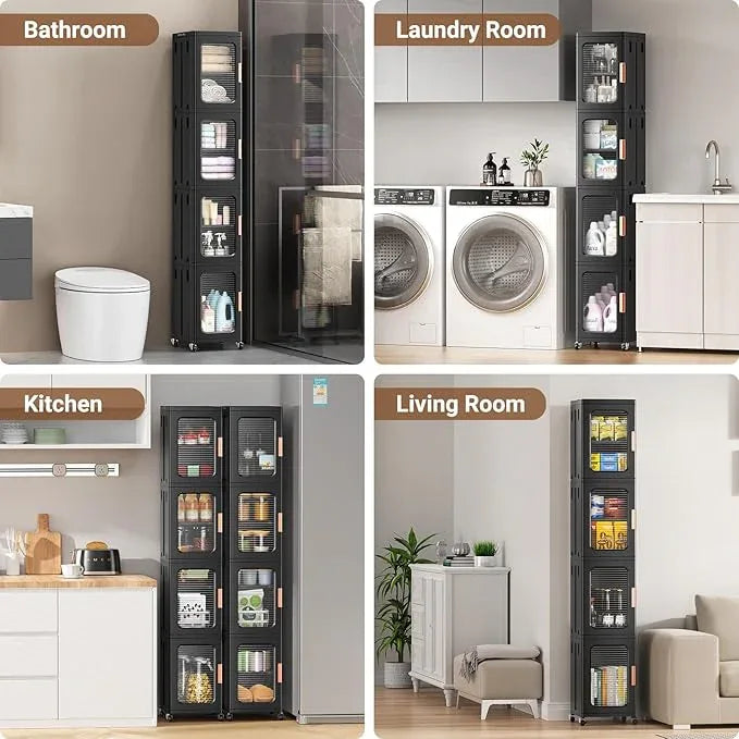 BROVIEW 1-Tier Tall Narrow Storage Cabinet Organizer, Slim Bathroom Cabinets with Adjustable Shelves and Door, Plastic Kitchen Pantry Organizers and Storages for Small Space, Laundry, Black - ModernBath