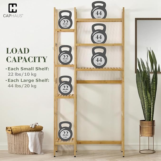 CAPHAUS Over The Toilet Storage Shelf, 7-Tier Bamboo Bathroom Organizer Shelf Rack Over Toilet with Adjustable Feet & Hooks, Freestanding Toilet Shelf for Bathroom Laundry Balcony Plant Stand, White