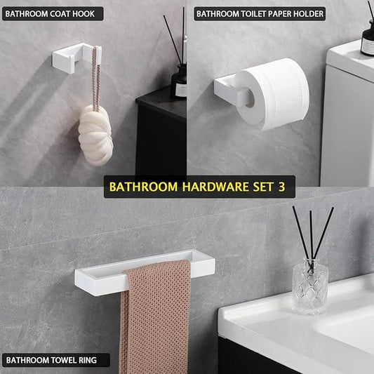GERZWY 3-Piece Bathroom Accessory Set Stainless Steel Toilet Paper Holder Towel Ring Towel Hooks Wall Mount, White - ModernBath