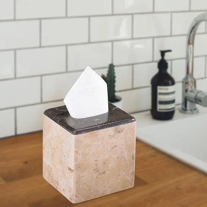 Creative Home Natural Champagne and Charcoal Marble 2-Tone Collection Square Tissue Box Holder Tissue Paper Holder - ModernBath