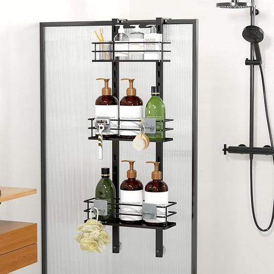 Orimade Adjustable Hanging Over the Shower Door Caddy with Hooks, Bathroom Organizer Shelf Storage Rack,No Drilling Rustproof Basket for Inside Shower, Matt Black 3 Tier