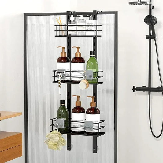Orimade Adjustable Hanging Over the Shower Door Caddy with Hooks, Bathroom Organizer Shelf Storage Rack,No Drilling Rustproof Basket for Inside Shower, Matt Black 3 Tier - ModernBath