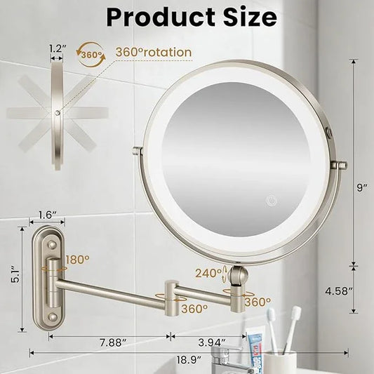 9" Wall Mounted LED Lighted Makeup Vanity Mirror - 4000mAh Rechargeable Double Sided 1X/30X Magnifying Mirror, 3 Color Lights Touch Dimmable, Height Adjustable Extended Arm 360° Swivel Bathroom Mirror - ModernBath