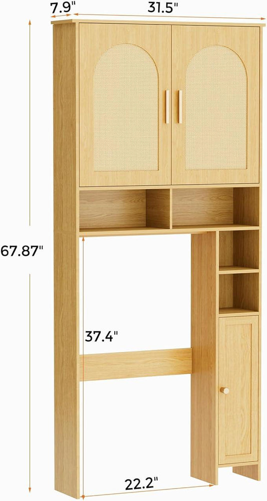 Homhedy 67" H Over The Toilet Storage Cabinet, Boho Bathroom Organizer with Rattan Decorated Doors, Adjustable Shelves, Toilet Paper Holder, Space-Saving Bathroom Shelf for Small Spaces, Natural - ModernBath