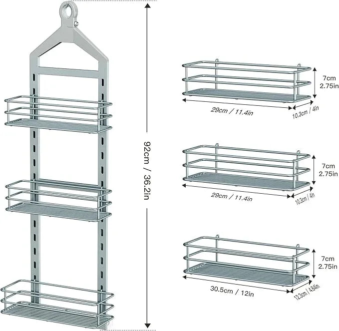 Orimade Adjustable Anti-slip Shower Caddy Overhead, Rustproof Hanging Shower Organizer With 2 Razor Hooks - No Drilling, 3-Tier Shelves, Silver Grey - ModernBath