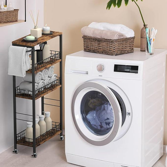 Slim Storage Cart Rolling Kitchen Cart with Wheels Narrow Laundry Storage Utility Cart 4 Tier Bathroom Mobile Shelving Unit Organizer with Wood Tabletop Trolly Cart with Handle for Small Spaces, Brown - ModernBath