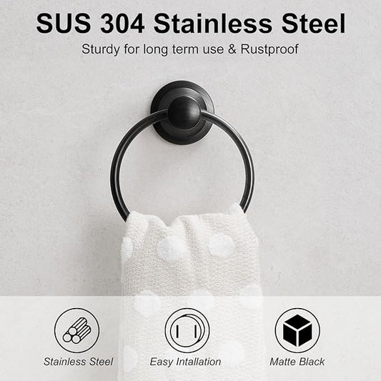 BESy Matte Black Bathroom Hand Towel Ring Towel Holder, Rustproof Wall Mounted Bathroom Hardware Accessory SUS 304 Stainless Steel Towel Rack