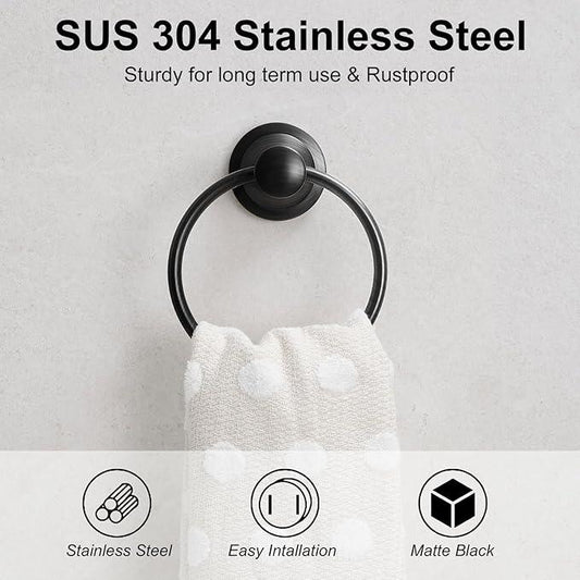 BESy Matte Black Bathroom Hand Towel Ring Towel Holder, Rustproof Wall Mounted Bathroom Hardware Accessory SUS 304 Stainless Steel Towel Rack - ModernBath