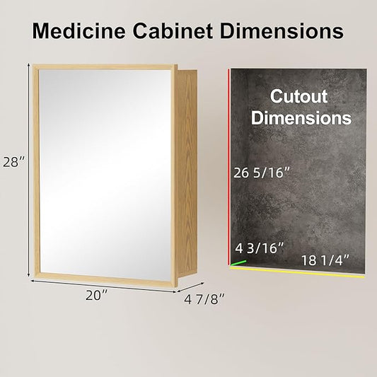20x28 Inch Wood Medicine Cabinet with Mirror, Surface or Recessed Mounted Bathroom Cabinets with Adjustable Shelves, Soft-Close Hinges, Wall Mounted Cabinet for Storage, Oak-Grain