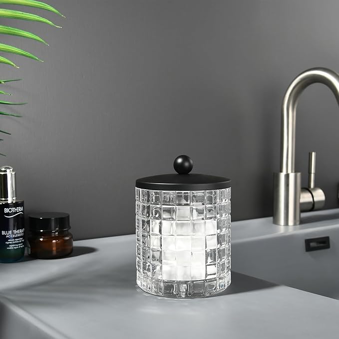 Indecor Home Glass Cotton Jar Holder Matte Black Lid, Elegant Bathroom Storage Canister for Qtips, Cotton Balls, Floss, Makeup Organizer, Vanity Bathroom Organization