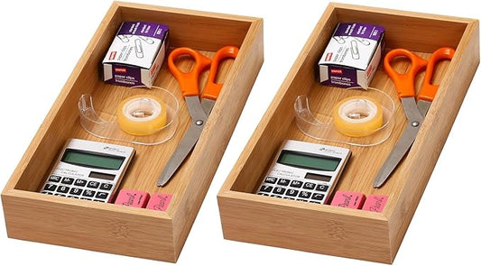 YBM Home Bamboo Drawer Organizer Storage Box for Kitchen Drawer, Junk Drawer, Office, Bedroom, Children Room, Craft, Sewing, and Bathroom, 2 Pack 6x15x2 inch