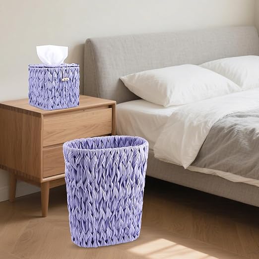 BSSN Wicker Trash Can & Square Tissue Box, Handwoven Waterproof Waste Basket with Handles, Wicker Home Set for Bedroom, Bathroom, Kitchen, Office, Balcony (Light Purple)