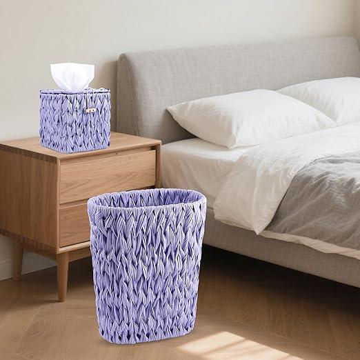 BSSN Wicker Trash Can & Square Tissue Box, Handwoven Waterproof Waste Basket with Handles, Wicker Home Set for Bedroom, Bathroom, Kitchen, Office, Balcony (Light Purple) - ModernBath