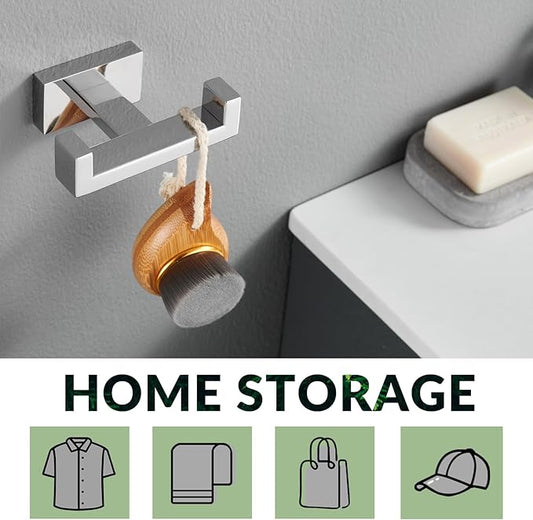 APLusee Square Double Towel Hook, 304 Stainless Steel Dual Coat Holder, Modern Bathroom Kitchen Storage Hanger Wall Mounted, Polished Chrome