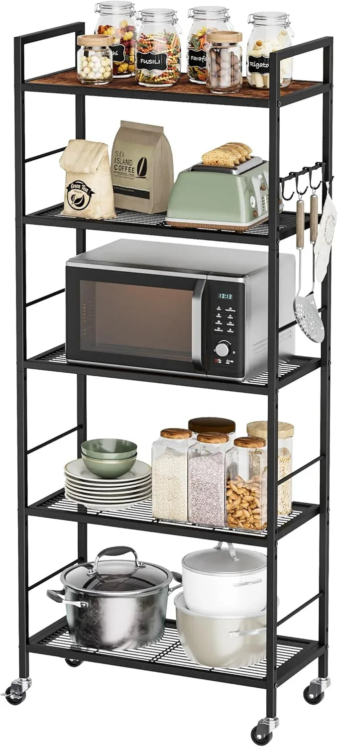5-Tier Metal Storage Rack with Industrial Wheels,Mesh Shelving Unit with Wooden Table top,Adjustable Shelf,23.6-Inch Width,for Kitchen, Laundry,Pantry,Plant,Black - ModernBath