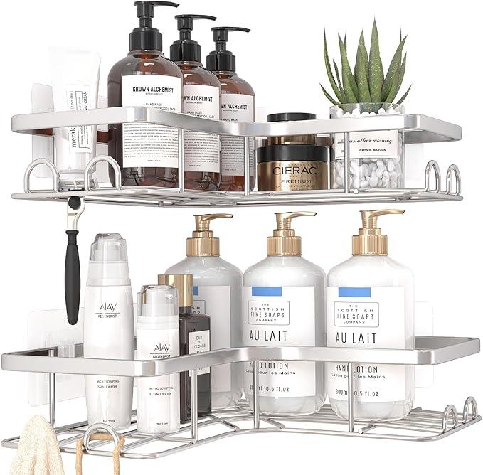 Corner Shower Caddy - 2 Pack, Adhesive Shower Organizers, Rustproof Stainless Steel Shower Shelves with 8 Hooks, No Drilling Bathroom Organizers and Storage Racks, Space-Saving, Silver, Large - ModernBath