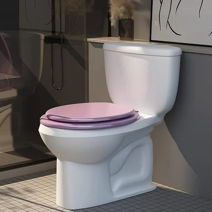 BLOFDE Round Toilet Seat Wood Toilet Seat Prevent Shifting with Zinc Alloy Hinges American Standard Size Toilet Seat Easy to Install also Easy to Clean (Round,Sparkling Pink) - ModernBath