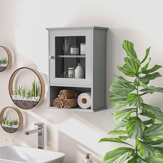LOKO Bathroom Medicine Cabinet, Over The Toilet Storage Organizer with Adjustable Shelf, Modern Wall Mounted Storage Cabinet with Tempered Glass Door for Living Room, Entryway (Grey)
