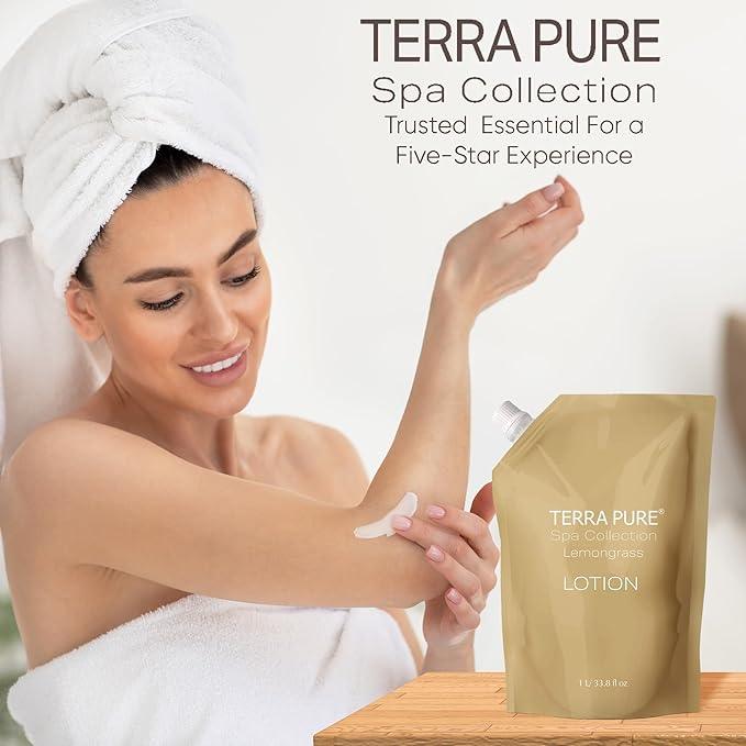 Terra Pure Spa Collection 1 Liter Lotion Refill Bag For Soap Dispensers | Bulk Toiletries for Vacation Rentals, and Home Bathroom Showers | Green Tea Lemongrass | Single - ModernBath