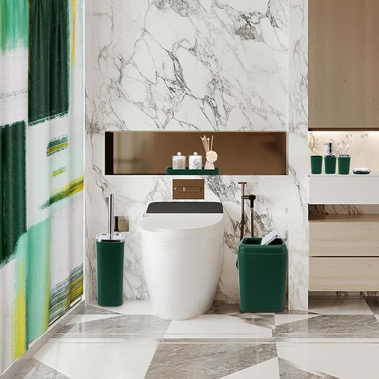 XLHOMO Dark Green Bathroom Accessories Set, Bathroom Sets with Shower Curtain, Green Bathroom Accessories with Trash Can, Soap Dispenser, Soap Dish, Toilet Brush Holder, Qtip Holders for Bathroom