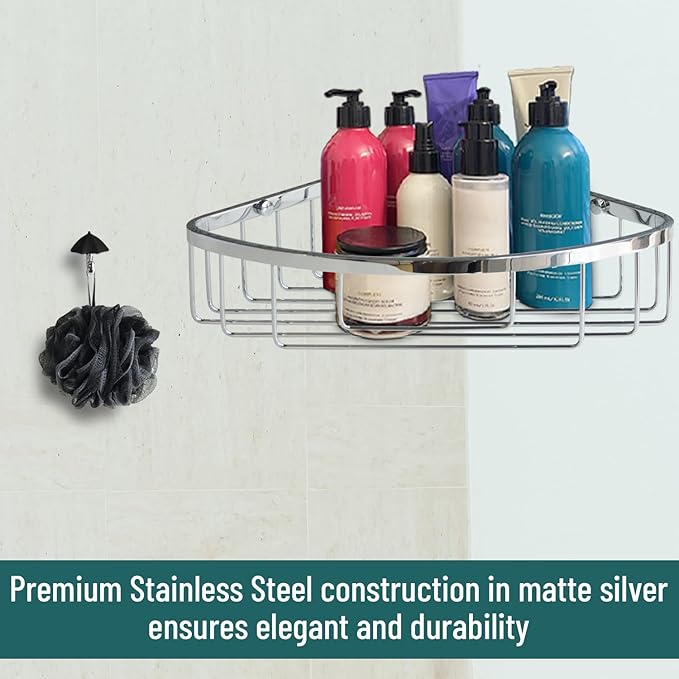Stainless Steel Wall Mount Shower Caddy, Single Hook & Bath Wipe |Waterproof Durable Corner Shower Rack for Bathroom |Space Saving Bathroom Organizer & Storage for Shampoos Soap Bath Items | Silver