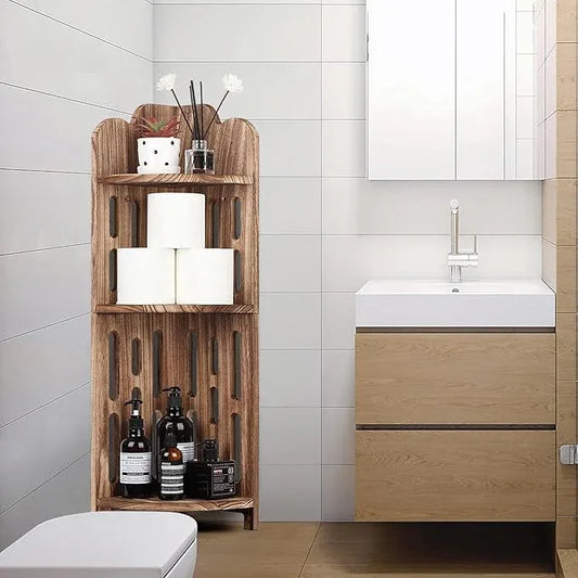 Meangood Bathroom Corner Shelf Stand, 3 Tier Solid Wood Display Shelf for Narrow Space, Shower Corner Shelf, Plant Stand Nightstand, for Living Room, Bedroom, Home Office, Elegant Carbonized Black - ModernBath