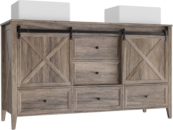 VNN Bathroom Vanity with Sink - 60 Inch Bathroom Vanity Double Sink Ceramic, Freestanding Cabinet with 2 Farmhouse Sliding Barn Doors and 5 Drawers, Space-Saving Storage Cabinet, Grey Wood Grain - ModernBath