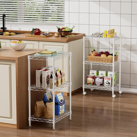 Small 3 Tier Shelves Storage Wire Shelving Unit Metal Shelf Adjustable Organizers Storage Shelving with Wheels for Bathroom Laundry Room Kitchen Pantry12”D x 18”W x 30.7”H White - ModernBath